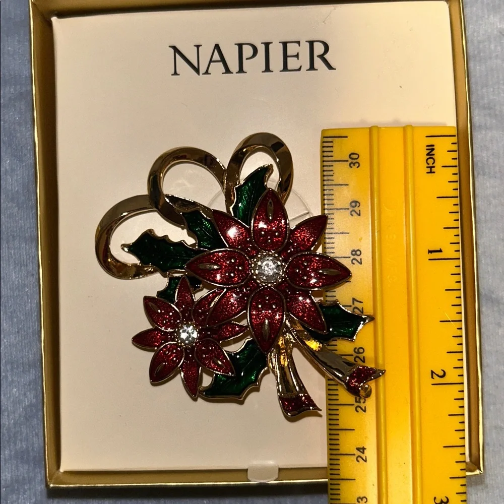 Napier Red Enamel and Rhinestone Poinsettia Pin Brooch.